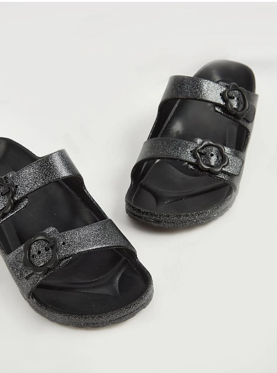 Girls' Black Glitter Double Strap Sliders | George at Asda | Comfortable Kids' Sandals