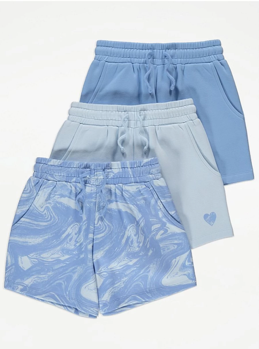 Girls' Blue Marble Heart Jersey Shorts 3-Pack | George at Asda | Comfort & Style