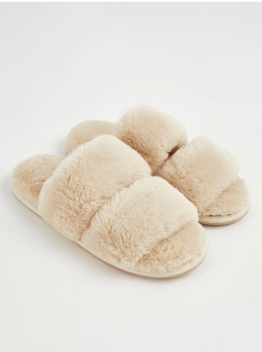 Beige Faux Fur Slide Slippers by George at Asda - Cozy Indoor Comfort
