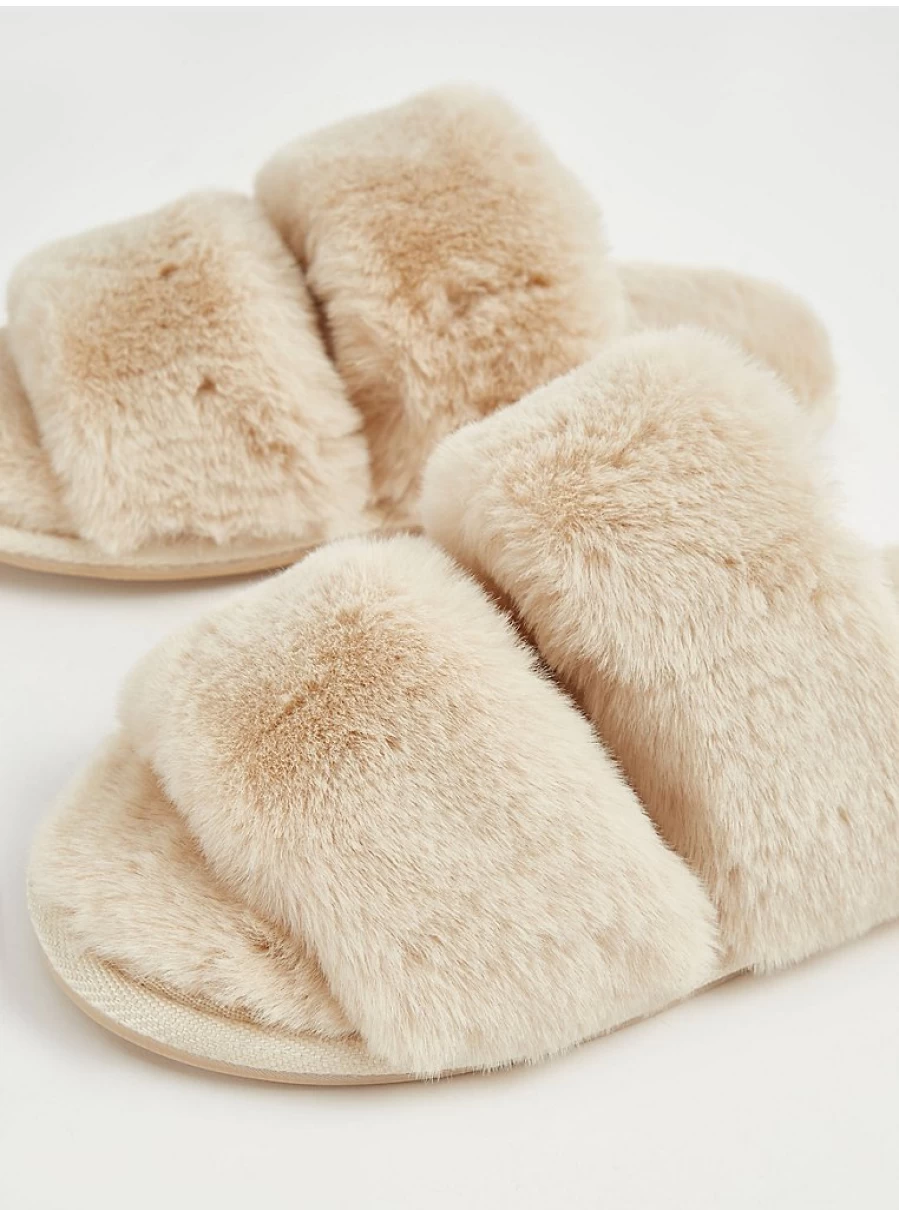 Beige Faux Fur Slide Slippers by George at Asda - Cozy Indoor Comfort