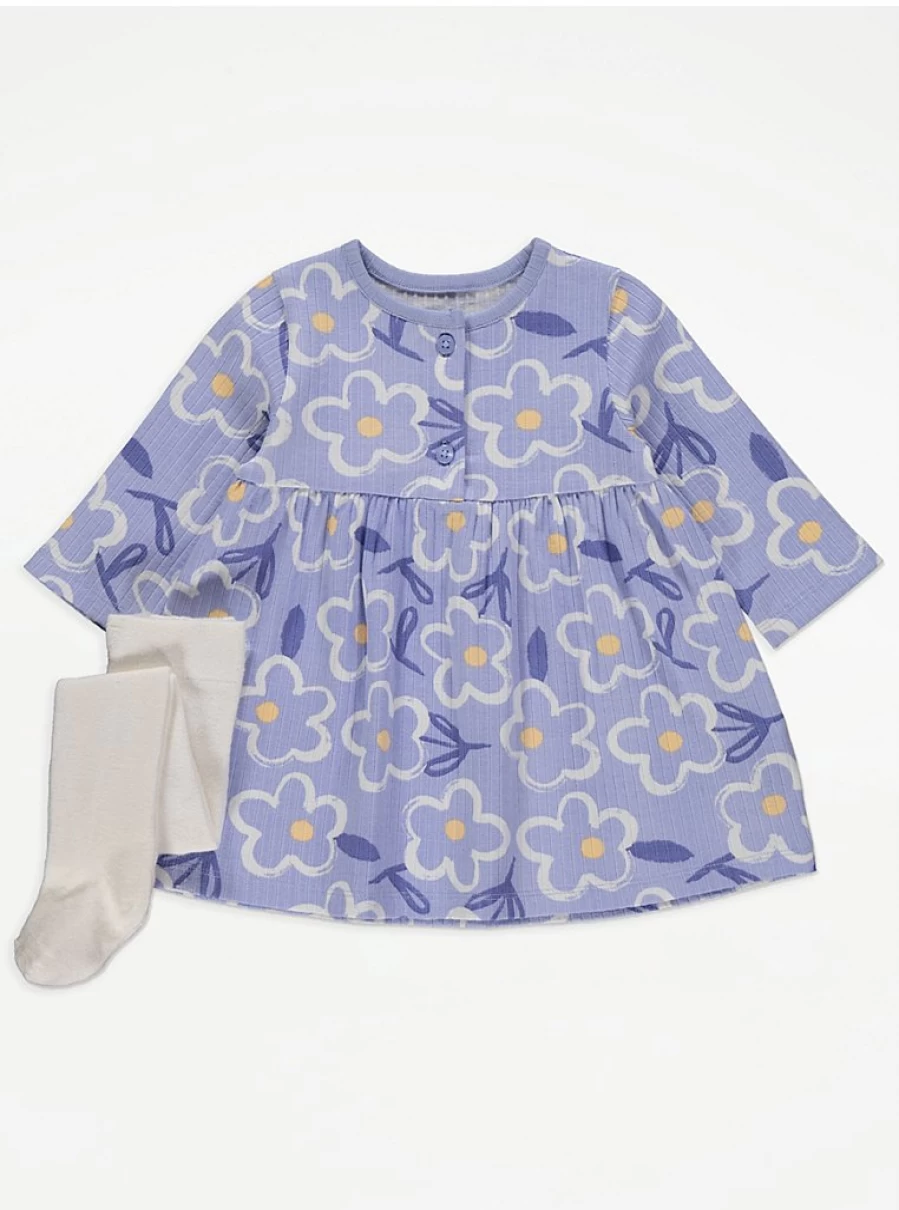 "George at Asda Baby Girls' Blue Floral Ribbed Dress with Tights Set – Outfit Reviews"