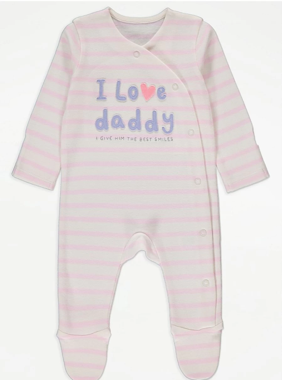 "George at Asda Baby Pink Stripe 'I Love Daddy' Sleepsuit – Soft Cotton Sleepwear for Infants"