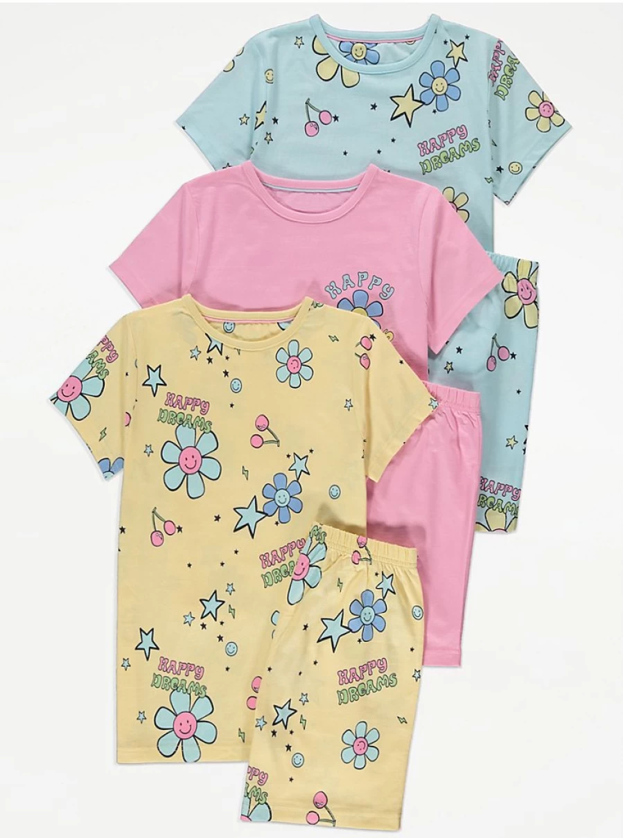 "George at Asda Girls' Smiley Flower Short Pyjamas 3-Pack | Comfortable Kids' Pajama Set"