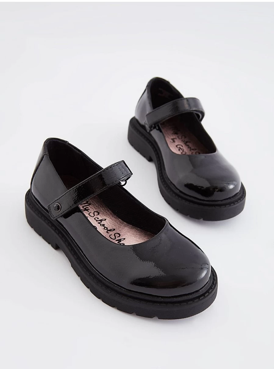 "George at Asda Black Patent Mary Jane School Shoes – Wide Fit Comfort for Kids"