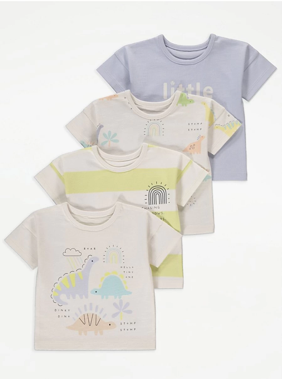 "George at Asda Baby Dinosaur Striped T-Shirts 4-Pack | Cute Boys & Girls Toddler Tees"