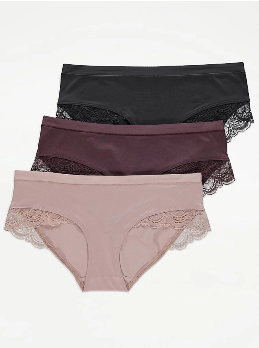 "George at Asda Lace Trim Comfort Short Knickers 3-Pack | Soft Women's Underwear | Breathable Cotton Lingerie Set"