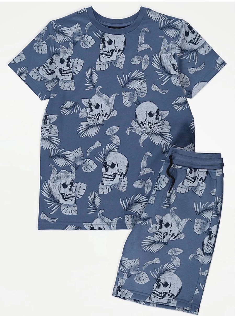 "George at Asda Boys' Blue Palm Leaf Skull Print T-Shirt and Shorts Set"