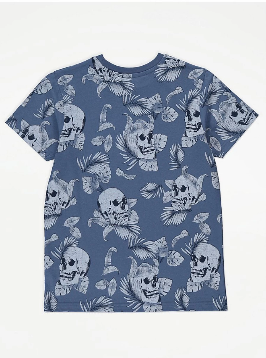 "George at Asda Boys' Blue Palm Leaf Skull Print T-Shirt and Shorts Set"