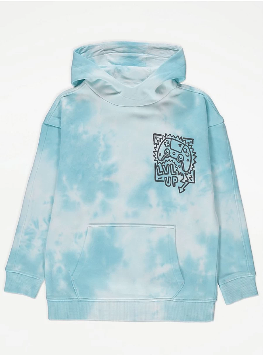 "George at Asda Boys Light Blue Tie Dye Gamer Graphic Hoodie - Level Up Design"
