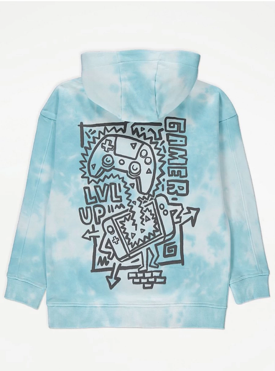 "George at Asda Boys Light Blue Tie Dye Gamer Graphic Hoodie - Level Up Design"