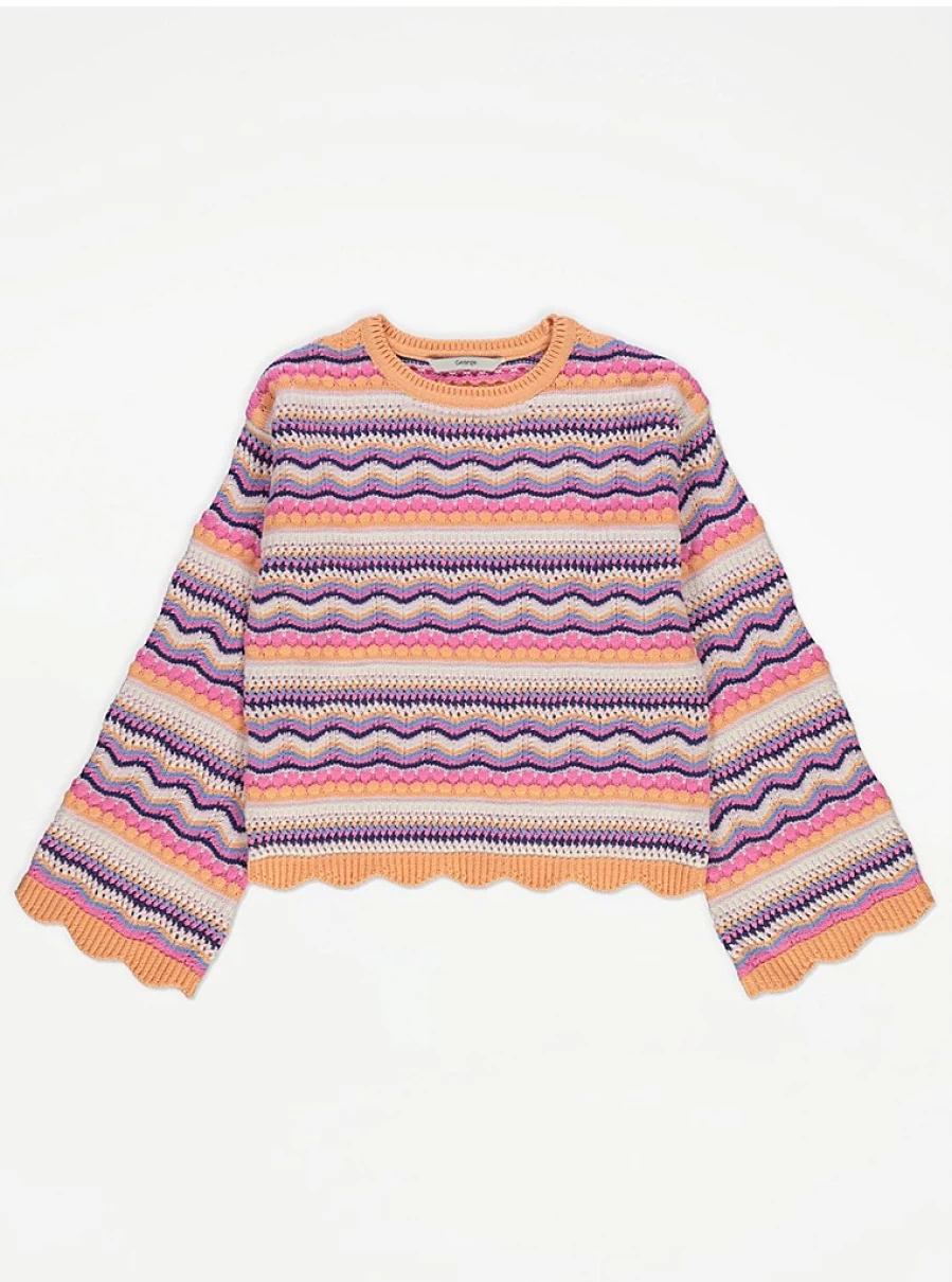 Bright Striped Crochet Scallop Edge Jumper for Kids by George at Asda