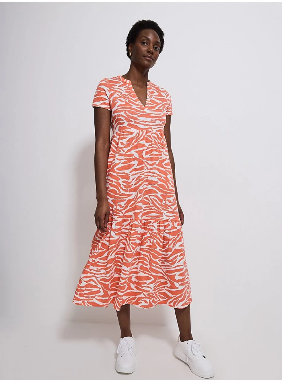 "George at Asda Women's Orange Zebra Print Tiered Midi Dress with Short Sleeves"