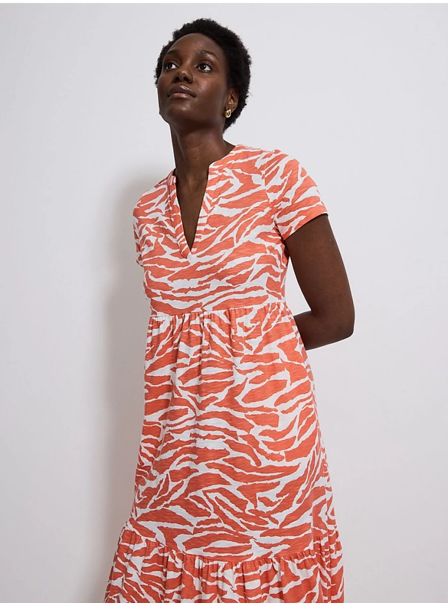 "George at Asda Women's Orange Zebra Print Tiered Midi Dress with Short Sleeves"