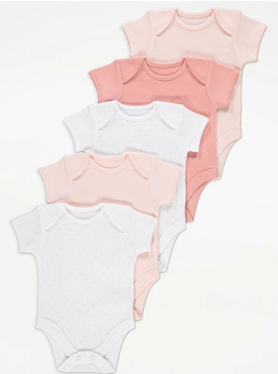 "George at Asda Baby Girls' 5-Pack Pink Heart Print Short Sleeve Bodysuits"