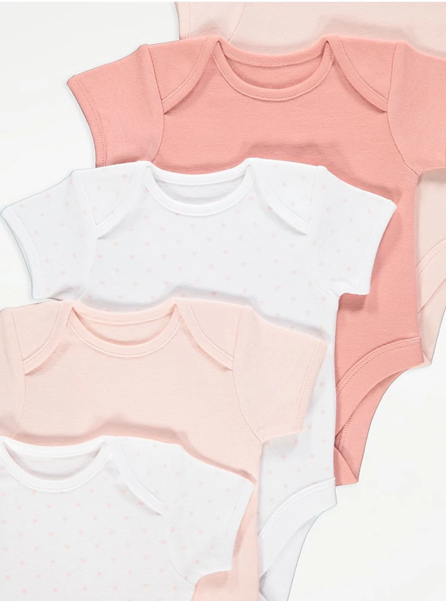 "George at Asda Baby Girls' 5-Pack Pink Heart Print Short Sleeve Bodysuits"