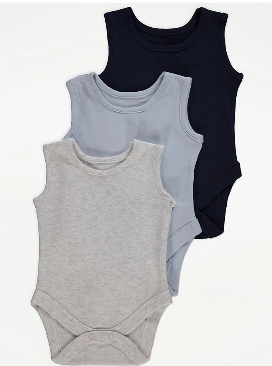 "George at Asda Baby Navy Sleeveless Bodysuits 3-Pack – Soft Cotton Infant Bodysuit Set"