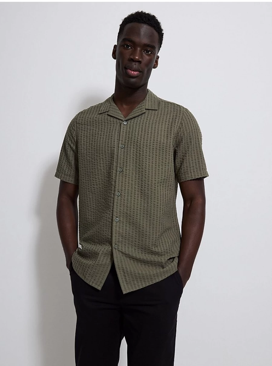 Men's Khaki Striped Wrinkle-Resistant Shirt by George at Asda – Comfort & Style