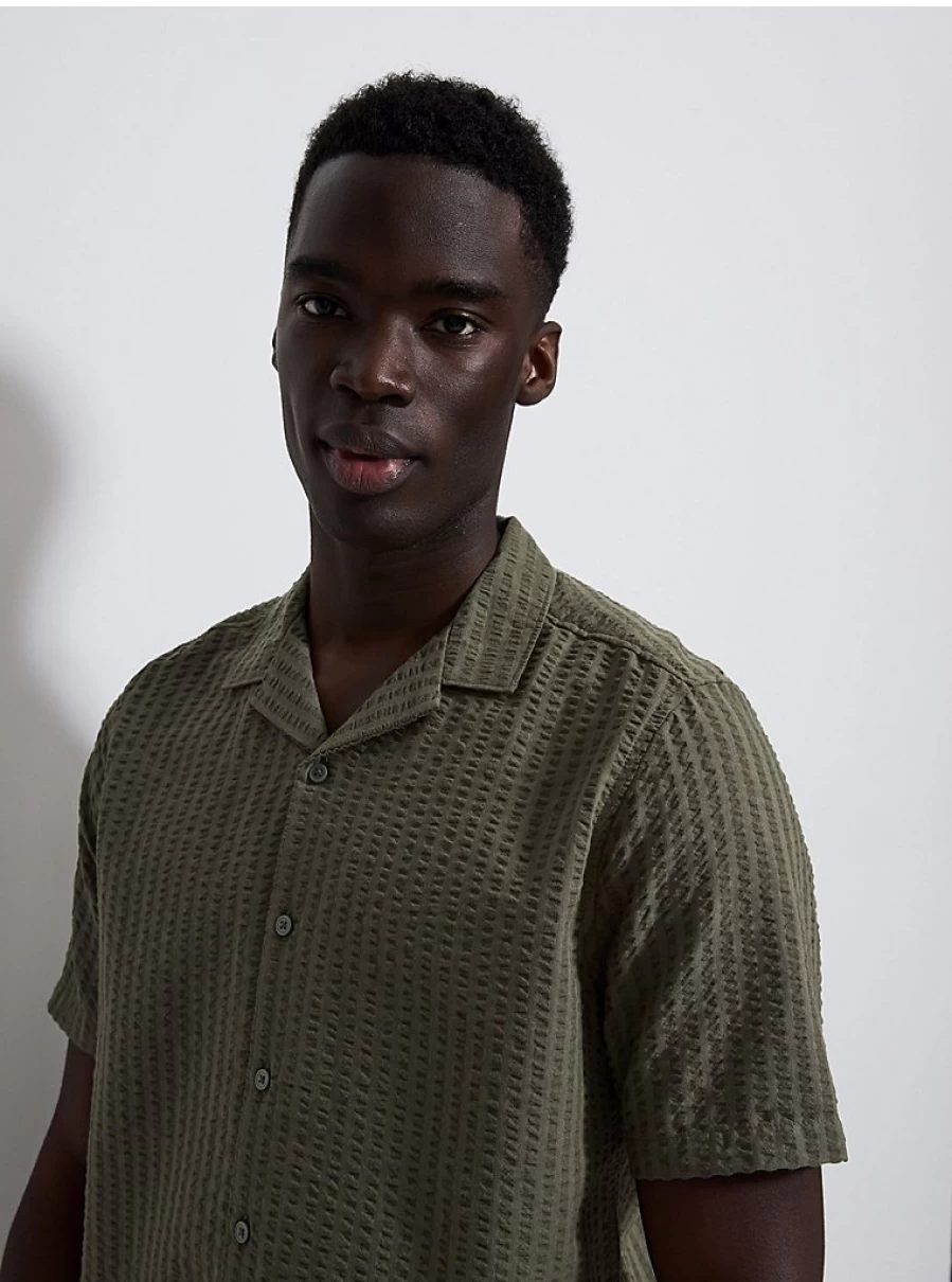 Men's Khaki Striped Wrinkle-Resistant Shirt by George at Asda – Comfort & Style