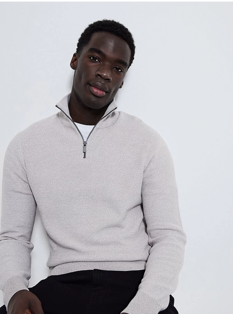 Men's Light Grey Textured Knit Quarter Zip Pullover | George at Asda
