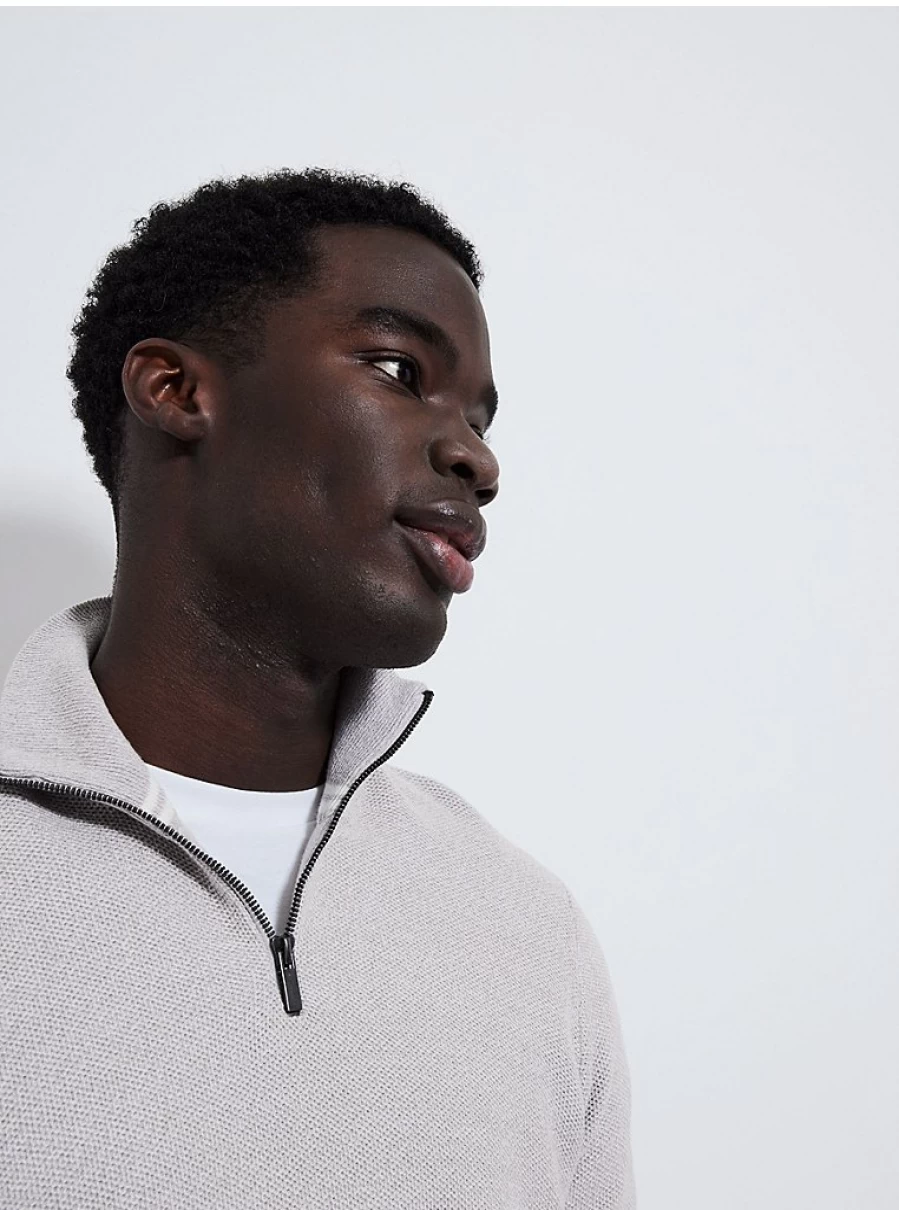 Men's Light Grey Textured Knit Quarter Zip Pullover | George at Asda