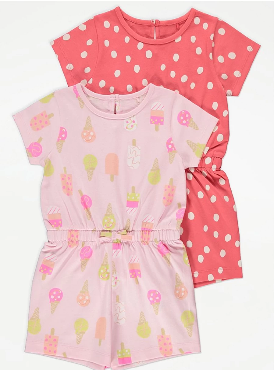 "George at Asda Girls' Pink Ice Cream Dot Playsuit 2-Pack | Cute Toddler Outfit Set"