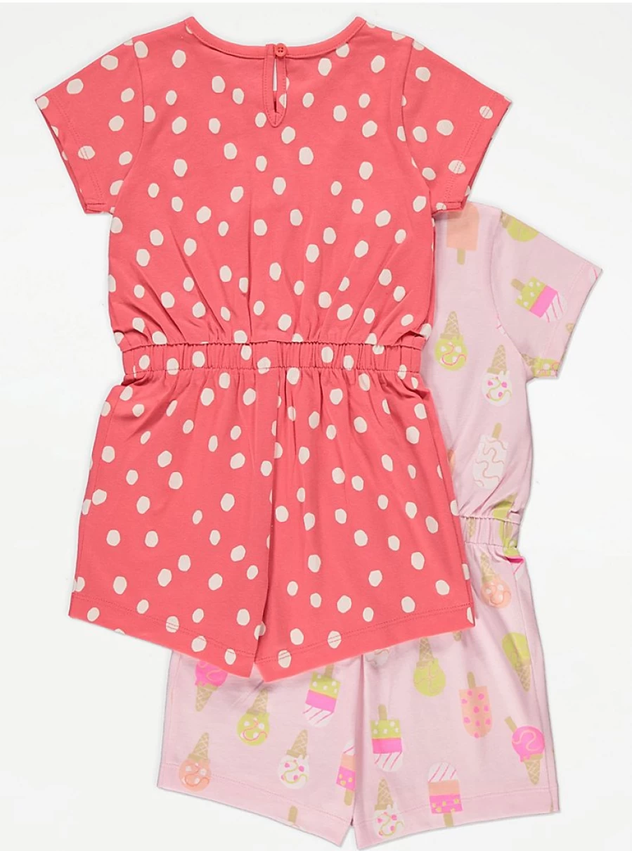 "George at Asda Girls' Pink Ice Cream Dot Playsuit 2-Pack | Cute Toddler Outfit Set"