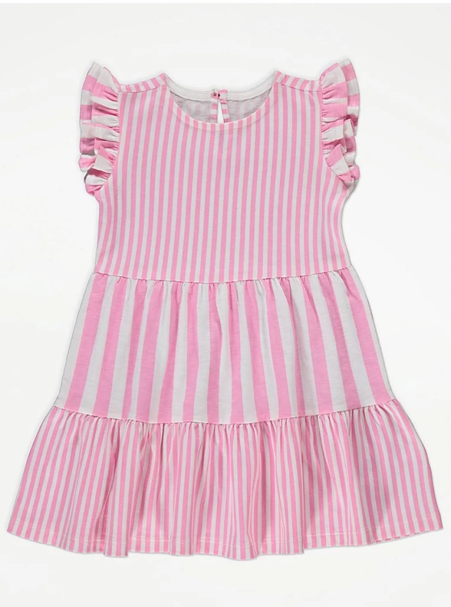 Girls Pink Striped Tiered Dress with Frill Sleeves | George at Asda | Kids Fashion
