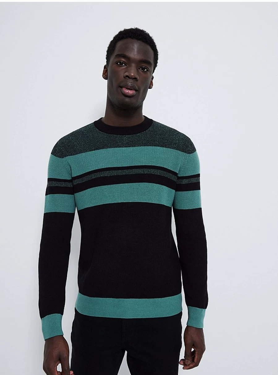 Men's Green Striped Knitted Jumper | George at Asda | Soft Comfortable Crewneck Sweater
