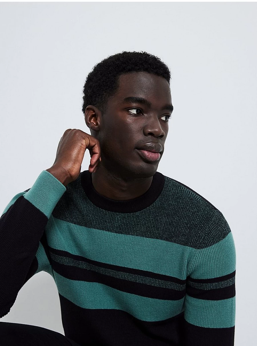 Men's Green Striped Knitted Jumper | George at Asda | Soft Comfortable Crewneck Sweater