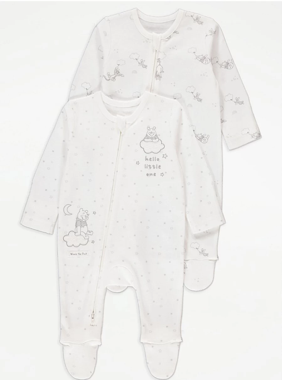 George at Asda Disney Winnie The Pooh Baby Sleepsuits 2-Pack - White 2-Way Zip Pajamas for Infants