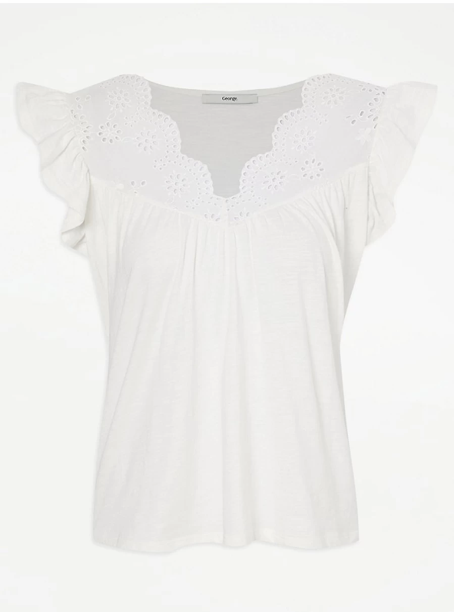 "George at Asda Women's White Embroidered Cutwork V-Neck Top – Stylish & Comfortable Review"