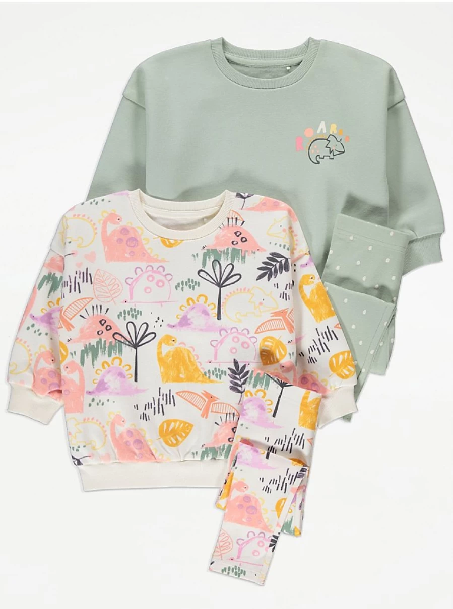 Girls' Bright Dinosaur Sweatshirt & Leggings Outfit 2-Pack | George at Asda | Kids' Playwear Set