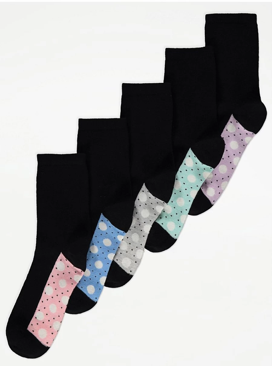 George at Asda Black Polka Dot Ankle Socks 5-Pack - Women's Casual Socks for Everyday Wear