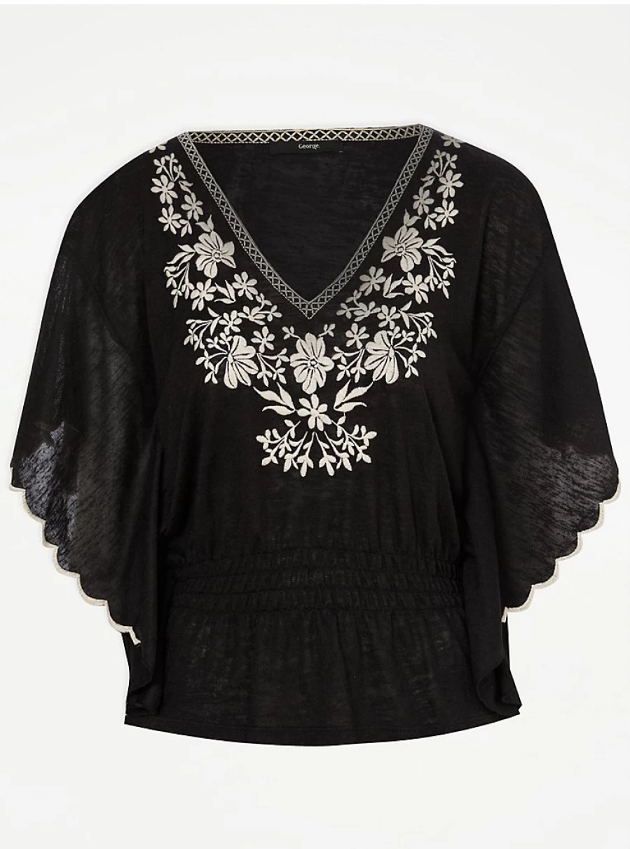 "George at Asda Women's Black Floral Embroidered V-Neck Top | Stylish Blouse Review"