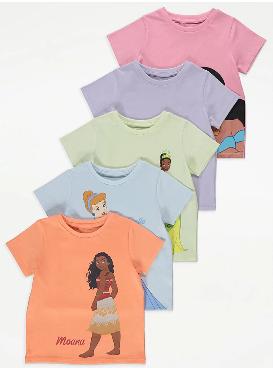 George at Asda Disney Princess Pastel T-Shirts 5 Pack for Girls | Kids' Cotton Casual Tee Set