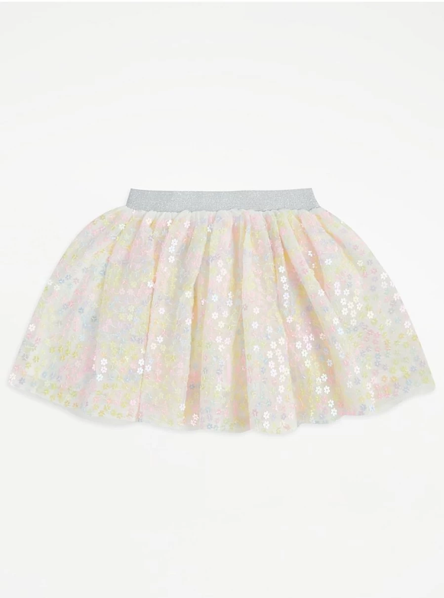 "George at Asda Girls' Cream Rainbow Sequin Tutu Skirt | Floral Sparkle Skirt for Kids"