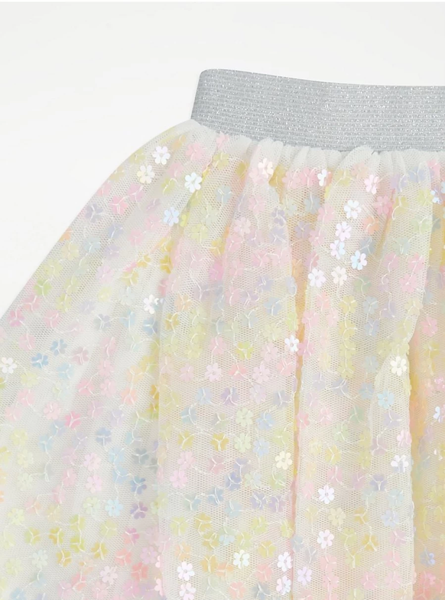 "George at Asda Girls' Cream Rainbow Sequin Tutu Skirt | Floral Sparkle Skirt for Kids"