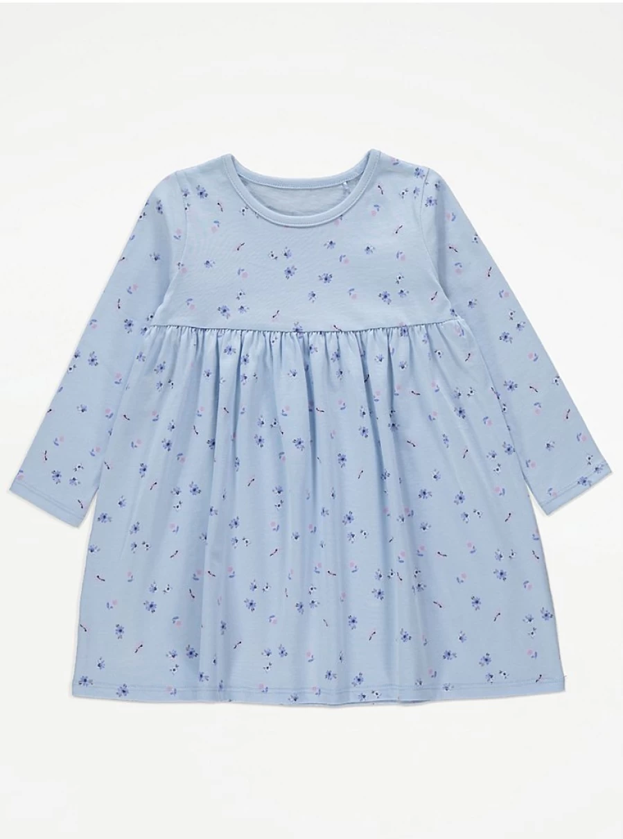 "George at Asda Girls' Light Blue Floral Long Sleeve Jersey Dress – Comfort & Style"