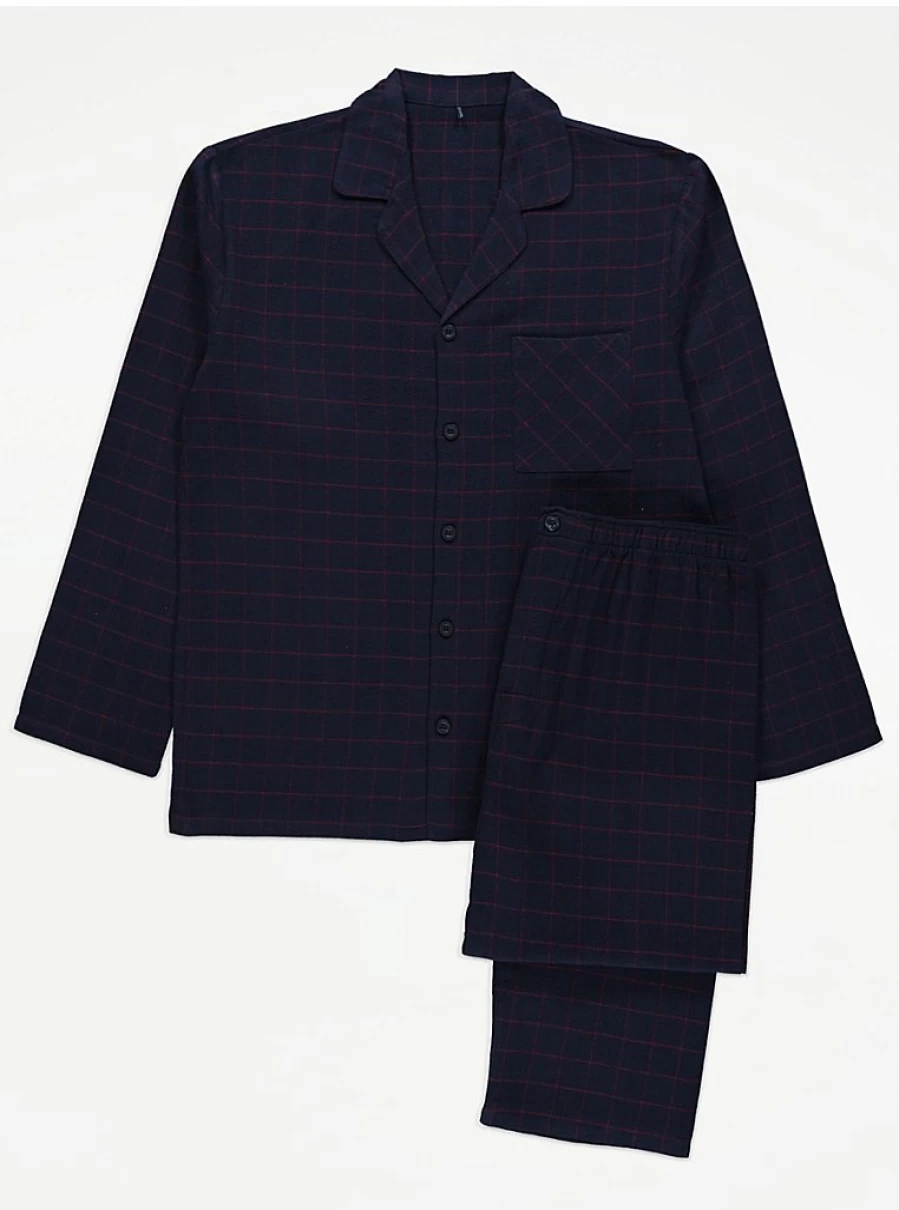 Men's Navy Check Brushed Flannel Long Sleeve Pyjamas | George at Asda