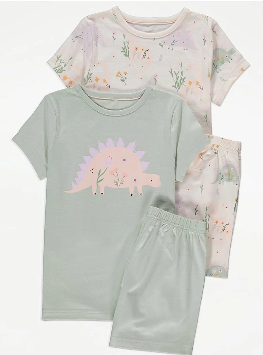 Girls' Sage Floral Dinosaur Print Short Pyjama Set 2-Pack | George at Asda