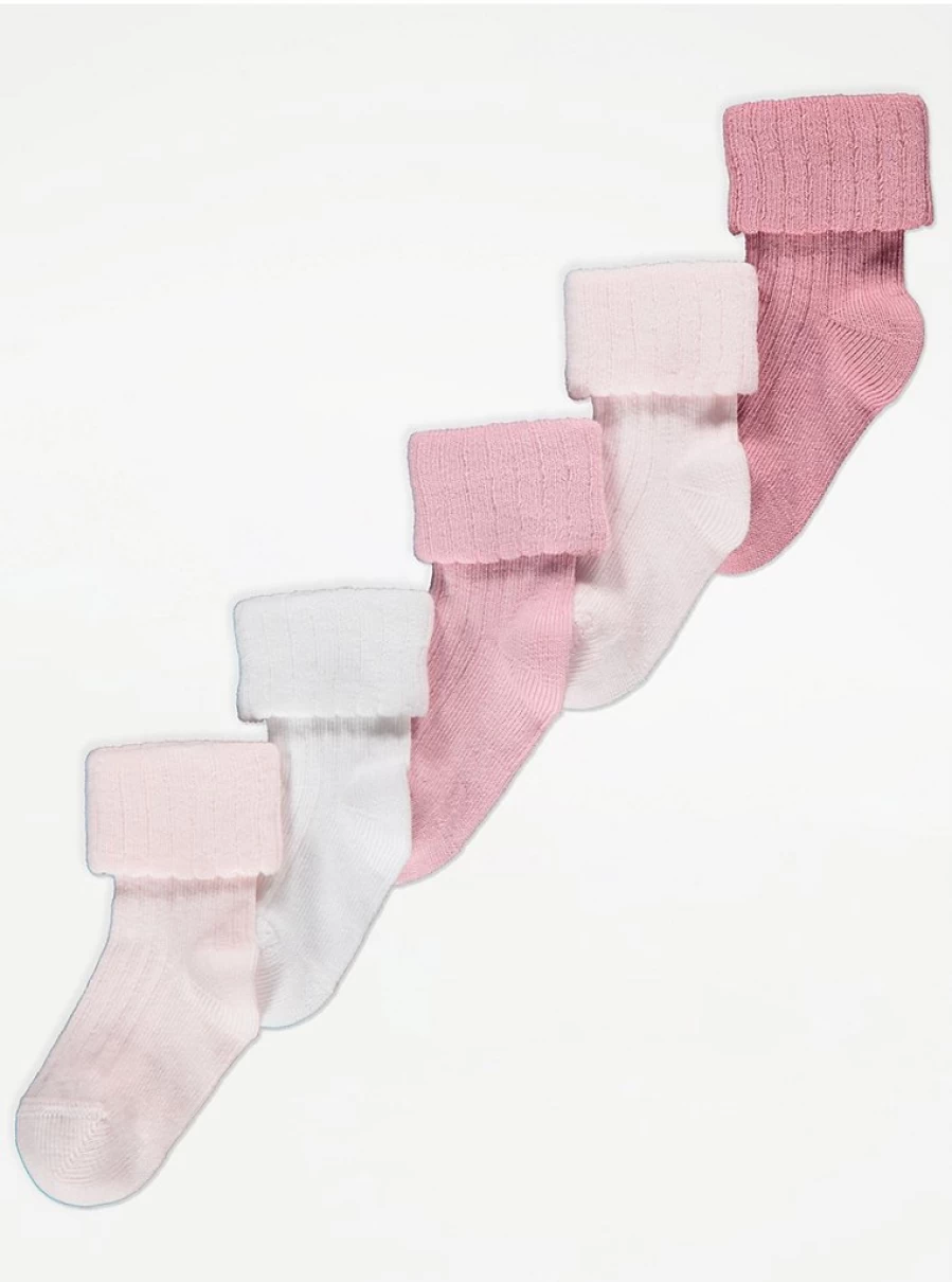"George at Asda Baby Pink Ribbed Fold Over Socks 5-Pack | Soft & Comfortable Infant Socks"