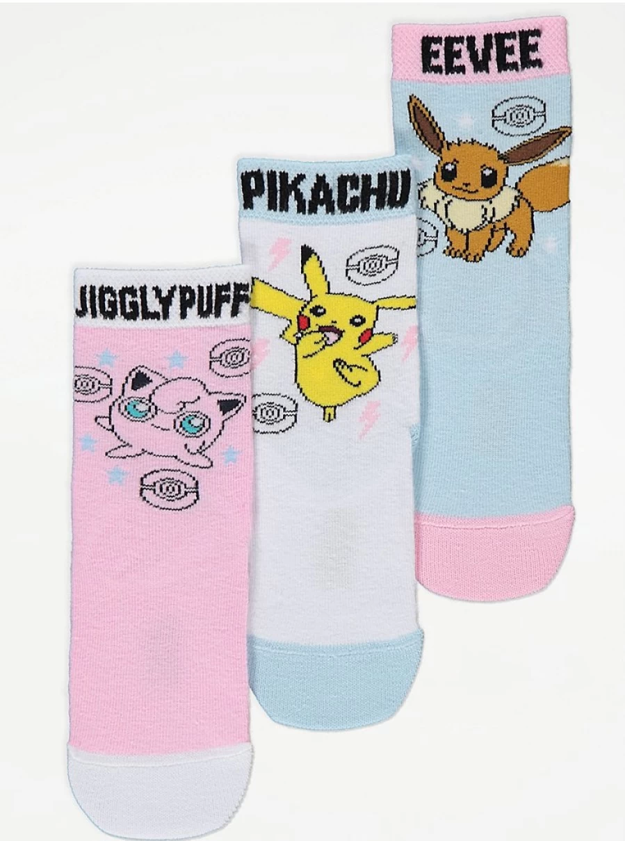 George at Asda Kids' Pokemon Pastel Character Ankle Socks 3-Pack | Soft Cartoon Crew Socks for Children