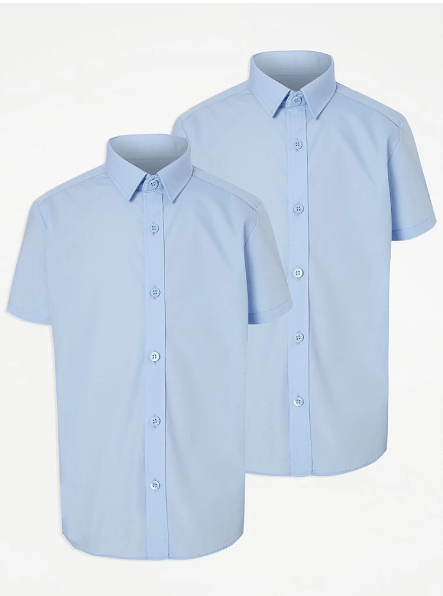"George at Asda Boys' Light Blue Plus Fit Short Sleeve School Shirts 2-Pack – Comfortable Uniform Essentials"