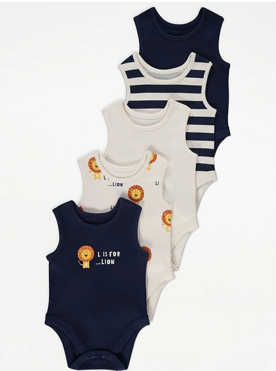 George at Asda Baby Lion Vests 5-Pack - Soft Cotton Bodysuits for Infants