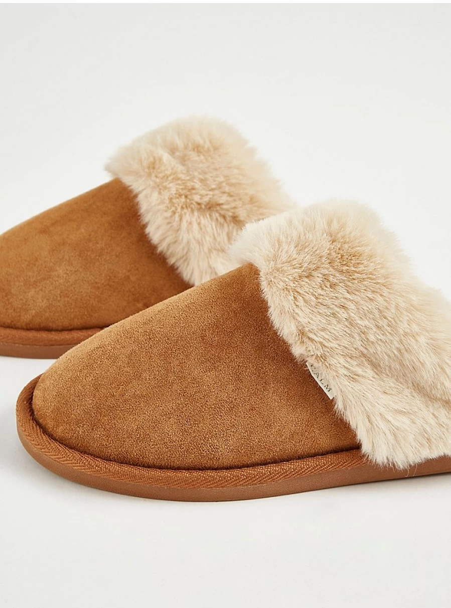 George at Asda Tan Faux Fur Lined Mule Slippers - Comfortable Indoor & Outdoor Slides