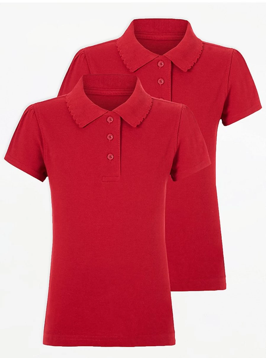 "George at Asda Girls' 2 Pack Red Scallop Edge Short Sleeve School Polo Shirts"
