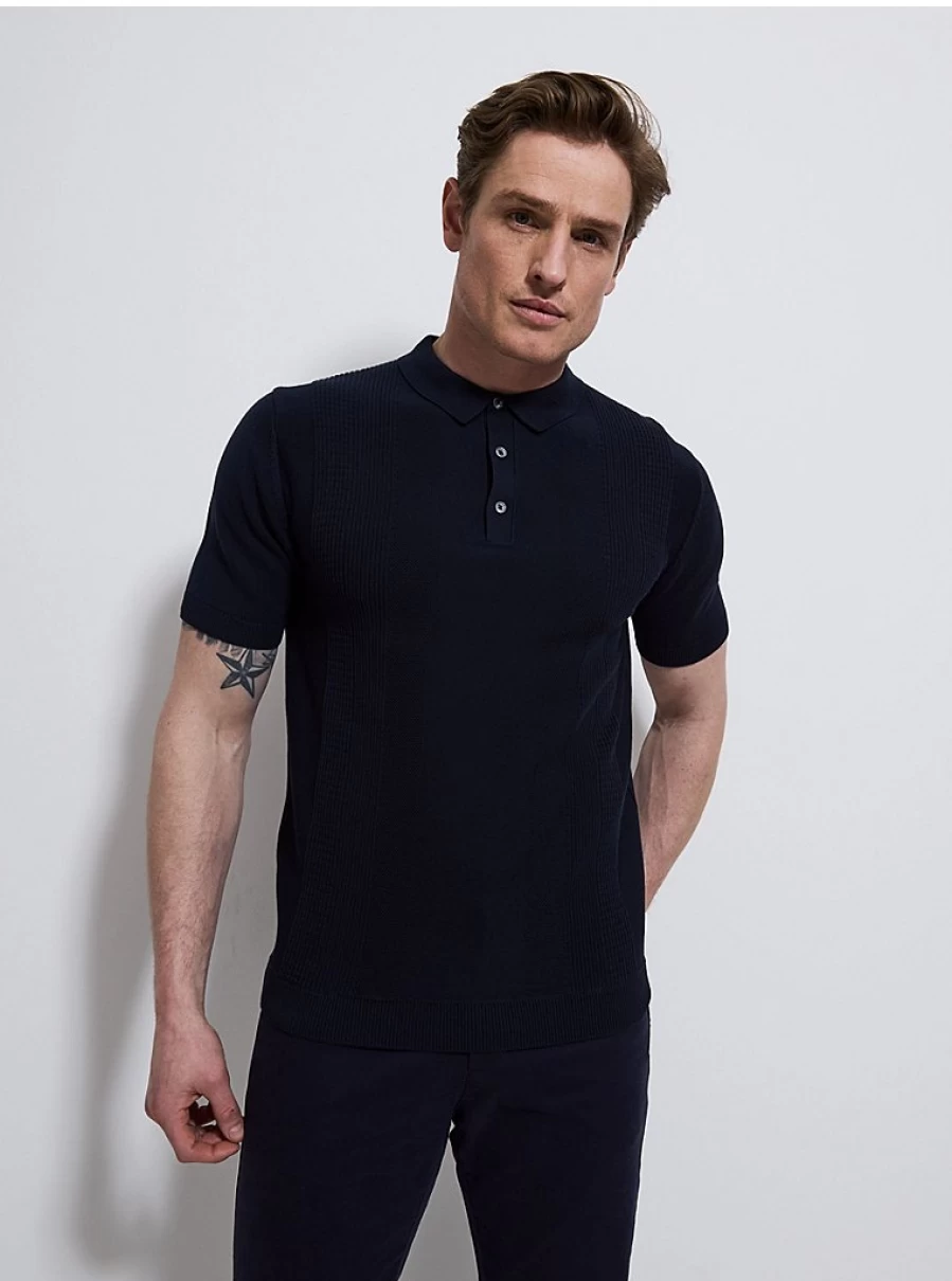 Men's Navy Textured Knit Short Sleeve Polo Shirt | George at Asda