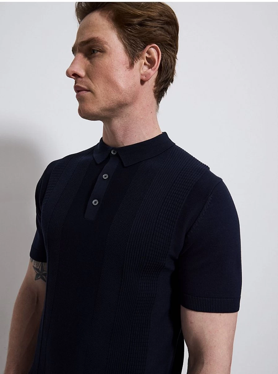 Men's Navy Textured Knit Short Sleeve Polo Shirt | George at Asda