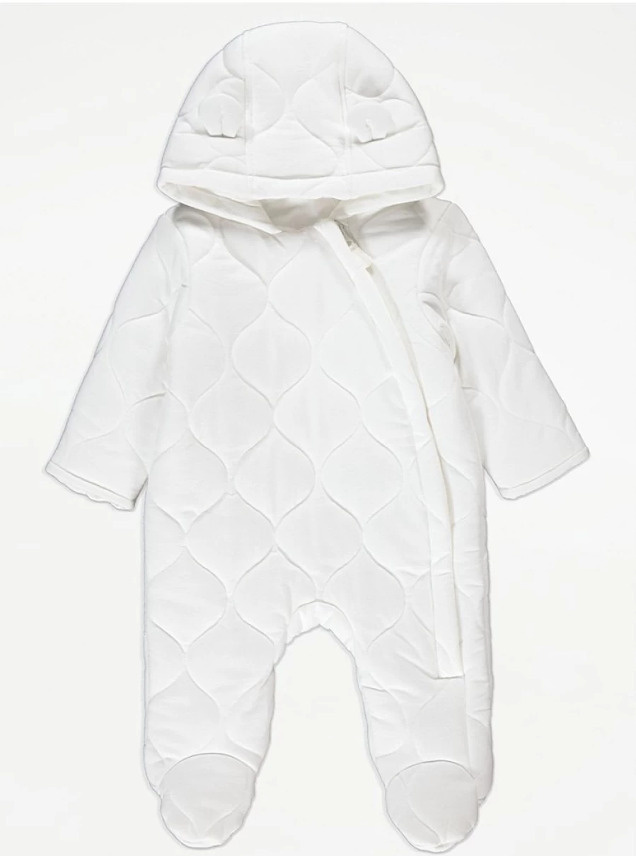 "George at Asda White Quilted Hooded Pramsuit for Babies – Warm & Cozy Winter Wear"