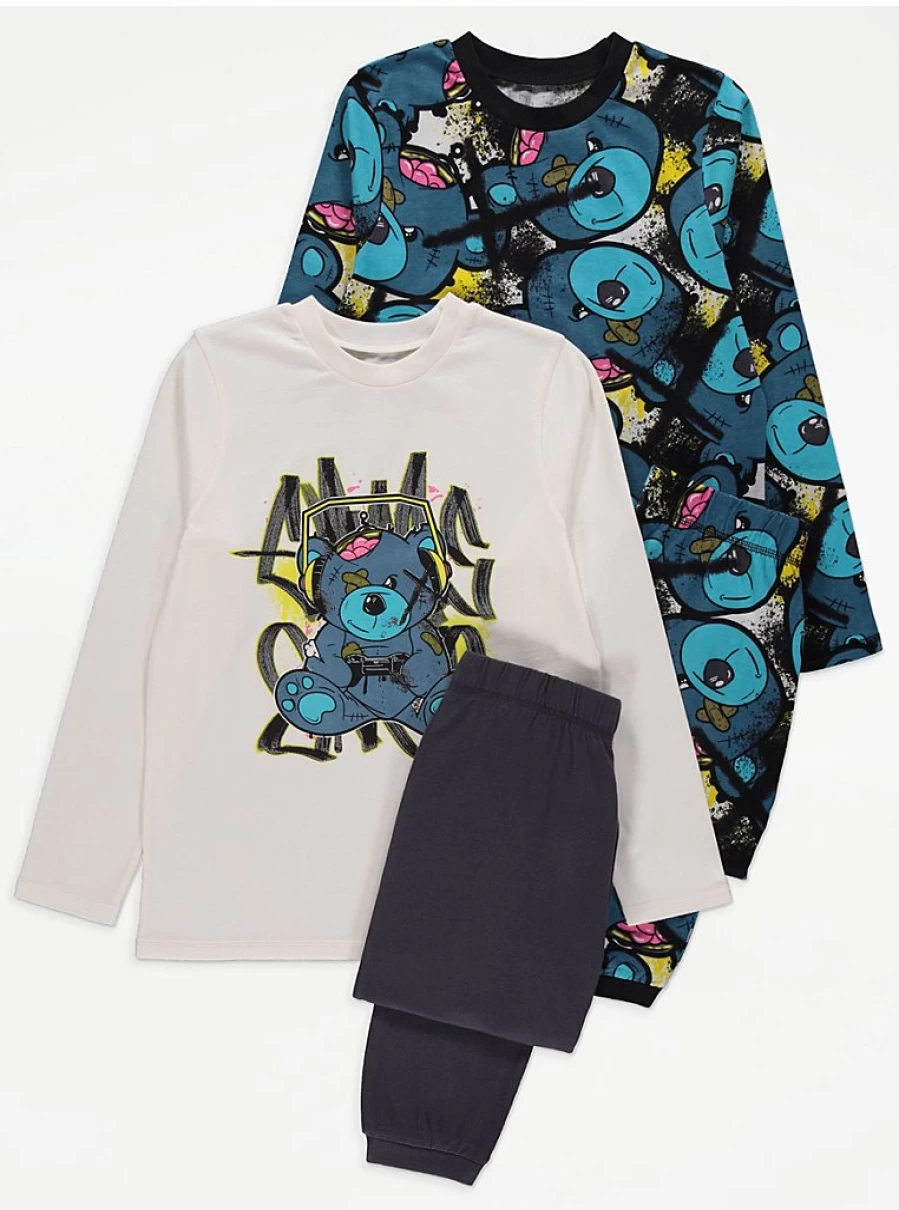 "George at Asda Boys Graffiti Bear Pajamas 2-Pack - Comfortable Kids Sleepwear Set"